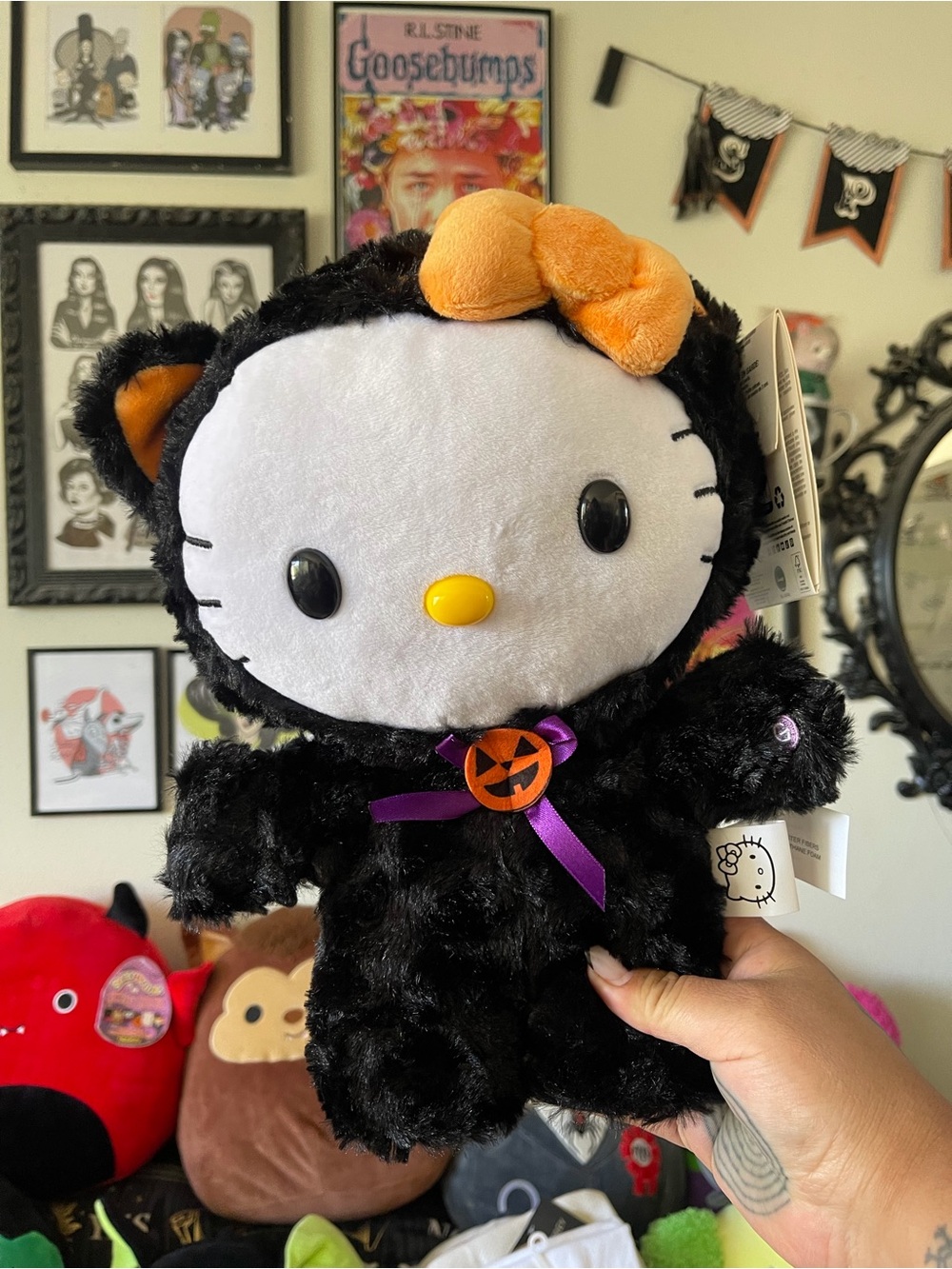 Hello Kitty Black Plush with Orange Bow and Purple Ribbon Pumpkin Charm